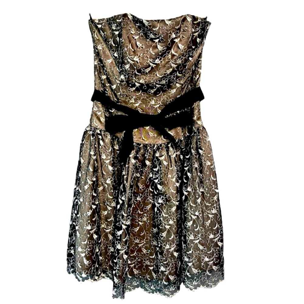 Gunne Sax Black Gold Bow Waist Mesh Lace  Overlay Mini Vintage Y2K Prom Dress